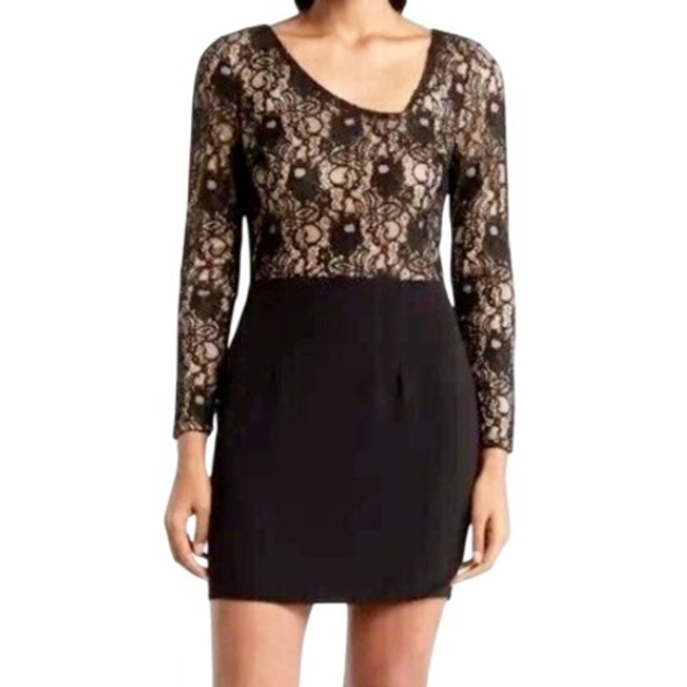 Dress the Population Womens XXS Black Nude Chante Lace Bodycon Mini Dress NWT
